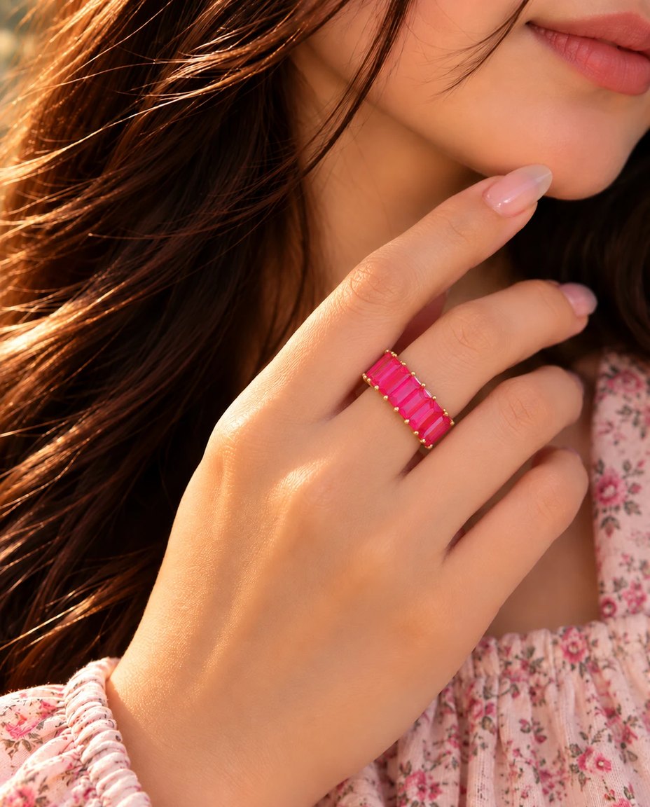 Hot Pink Baguette Crystal Band Ring